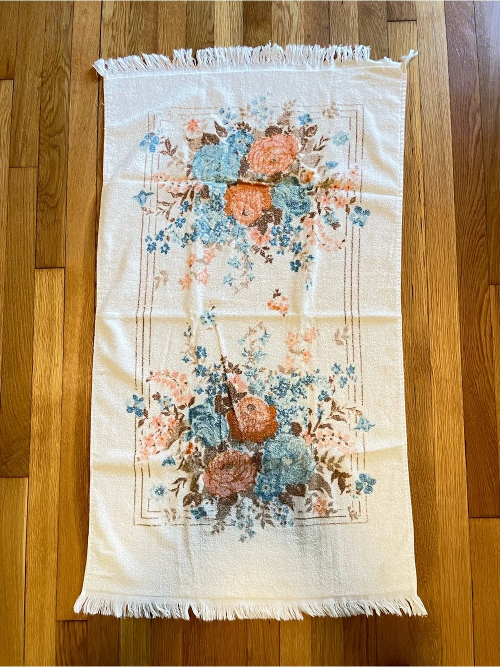 Vintage 1970s Floral Bath Towel Fringe Blue Peach Rose Cottagecore 42x20